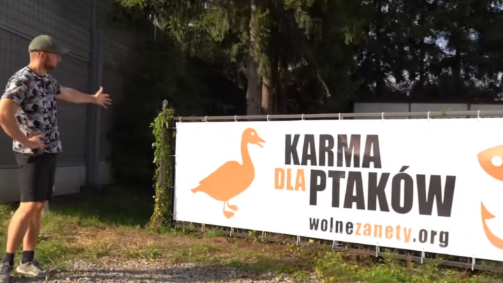 Baner Fundacji Wolne Zanety z napisem Karma dla ptaków i logo gęsi oraz ryby na wędkarskim pikniku