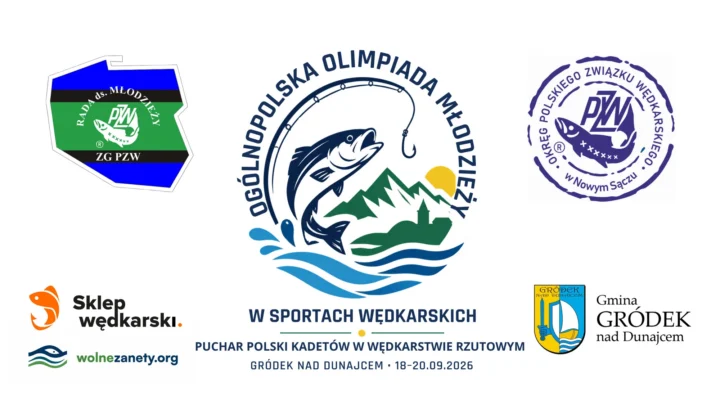 Logo Ogólnopolskiej Olimpiady Młodzieży w Sportach Wędkarskich – Gródek nad Dunajcem, 18–20.09.2026 – z logotypami organizatorów i partnerów